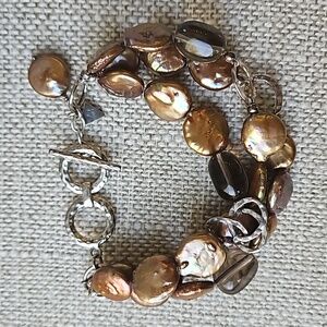 Silpada Tan/Brown/Green Hued, Button Pearl Toggle Clasp Bracelet